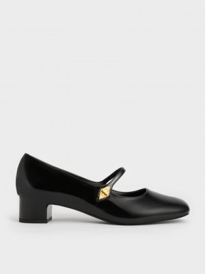 Charles & Keith Metallic Accent Mary Jane Pumps Siyah | BGKM-14536
