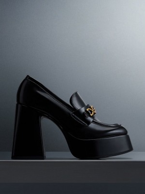 Charles & Keith Metallic Accent Platform Loafers Siyah | MORB-14680