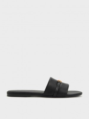 Charles & Keith Metallic Accent Round-Burunlu Terlik Sandals Siyah | AUOG-67054