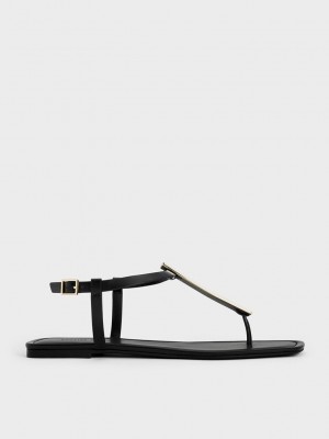 Charles & Keith Metallic Accent T-Bar Tanga Sandals Siyah | HDJT-19485