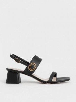 Charles & Keith Metallic Accent Trapeze Heel Sandals Siyah | LZJH-03679