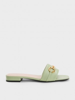 Charles & Keith Metallic Bar Terlik Sandals Zeytin Yeşili Yeşil | WSPV-38625