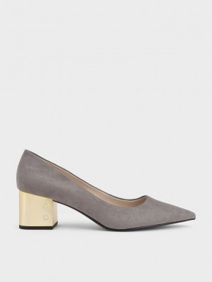 Charles & Keith Metallic Block Heel Textured Pumps Gri | CDHE-53910