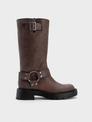 Charles & Keith Metallic Buckled Knee-High Boots Koyu Kahverengi | DKER-35402
