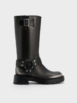 Charles & Keith Metallic Buckled Knee-High Boots Gümüş | VBER-46072