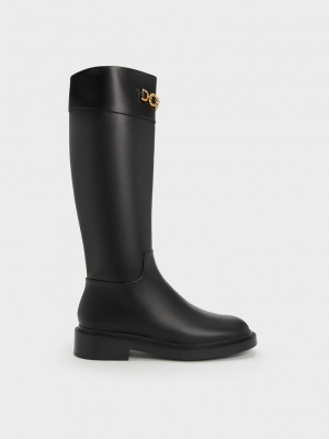 Charles & Keith Metallic Chain Accent Knee-High Boots Siyah | BOJX-62589