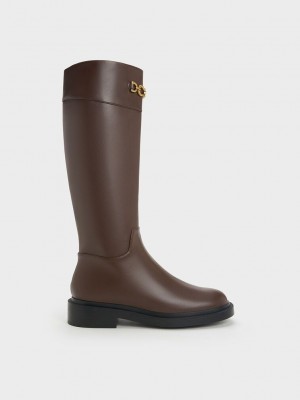 Charles & Keith Metallic Chain Accent Knee-High Boots Koyu Kahverengi | URVX-61970