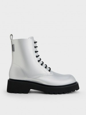 Charles & Keith Metallic Dantel-Up Ankle Boots Gümüş | IQHJ-83462