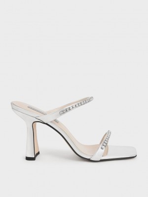 Charles & Keith Metallic Gem-Encrusted Topuklu Sandals Gümüş | ZYEJ-27103