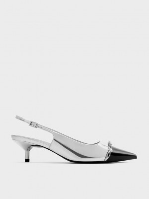 Charles & Keith Metallic Pearl Chain-Link Arkası Açık Pumps Gümüş | GZBQ-28049