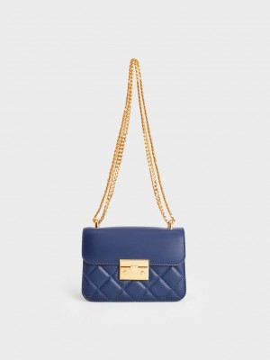 Charles & Keith Metallic Push-Lock Chain Bag Lacivert | RCIS-52043