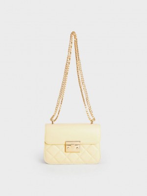 Charles & Keith Metallic Push-Lock Chain Bag Sarı | FVIL-26508
