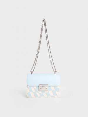 Charles & Keith Metallic Push-Lock Checkered Chain Bag Açık Mavi | MGDQ-34096