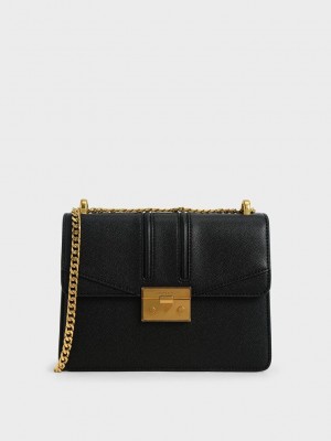 Charles & Keith Metallic Push-Lock Shoulder Bag Siyah | BWAD-97305