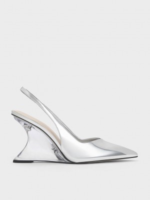 Charles & Keith Metallic Sculptural Arkası Açık Wedges Gümüş | DVOM-80647