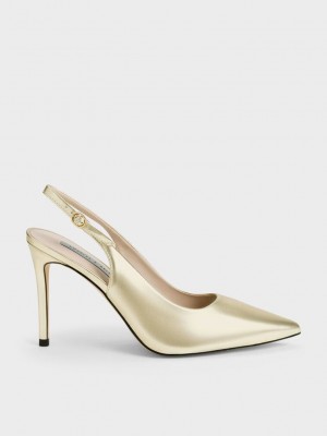 Charles & Keith Metallic Stiletto Heel Arkası Açık Pumps Altın | INXY-93802