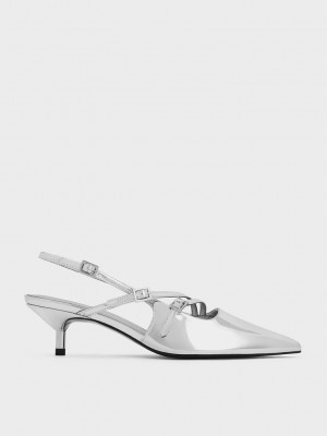 Charles & Keith Metallic Tokalı-Askılı Kitten Heel Arkası Açık Pumps Gümüş | JIOX-61825