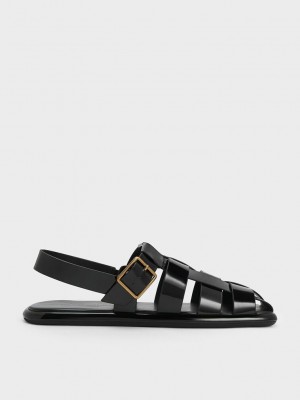Charles & Keith Metallic Tokalı Caged Rugan Arkası Açık Sandals Siyah | UARW-08639
