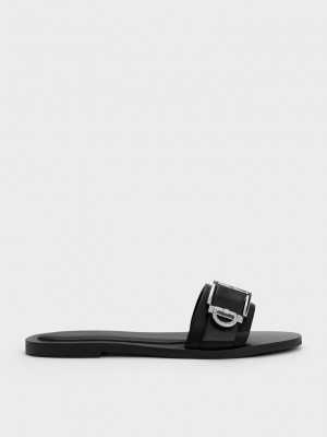 Charles & Keith Metallic Tokalı Slides Siyah | MIYB-78453