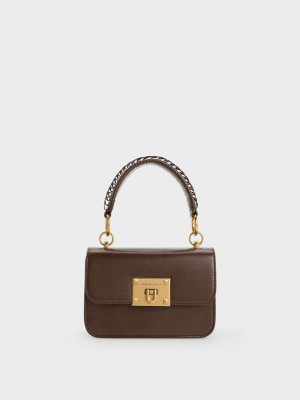 Charles & Keith Metallic Turn-Lock Bag Koyu Kahverengi | BZCS-41756
