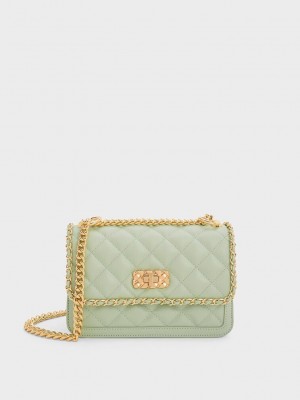 Charles & Keith Micaela Kapitone Braided Chain Bag Yeşil | URHW-26507