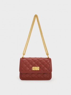 Charles & Keith Micaela Kapitone Chain Bag Koyu Kırmızı | VGAD-42581
