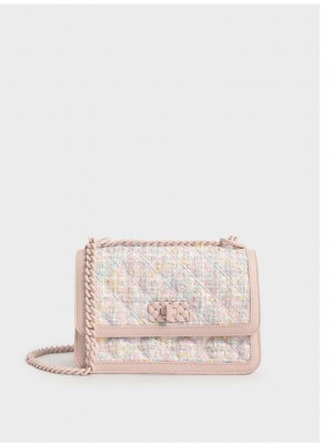 Charles & Keith Micaela Tweed Kapitone Chain Bag Açık Pembe | VLHF-95183
