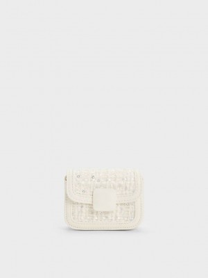 Charles & Keith Micro Koa Sequin Tweed Crossbody Bag Krema | HIKM-19356