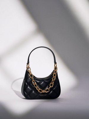 Charles & Keith Mini Alcott Scarf Handle Kapitone Bag Siyah | IATY-08965
