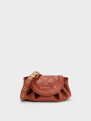Charles & Keith Mini Blossom Curved Flap Kapitone Crossbody Bag Koyu Kırmızı | TAUN-34208