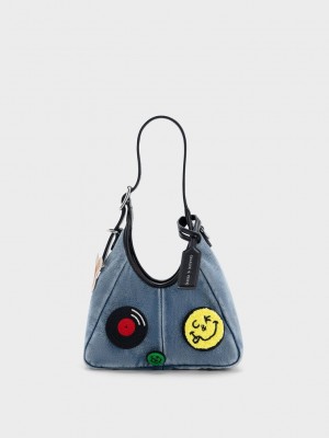 Charles & Keith Mini Buzz Denim Patch-Embellished Hobo Bag Mavi | TKMS-13270