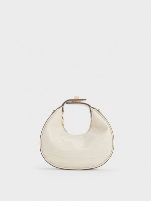 Charles & Keith Mini Croc-Effect Moon Bag Beyaz | QJBY-52378