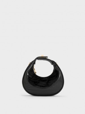 Charles & Keith Mini Croc-Effect Moon Bag Siyah | HVLE-97861