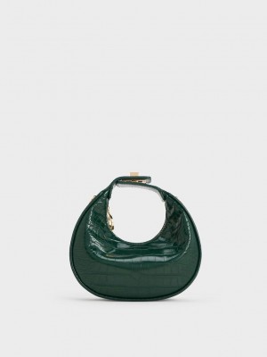 Charles & Keith Mini Croc-Effect Moon Bag Koyu Yeşil | WZIE-13279