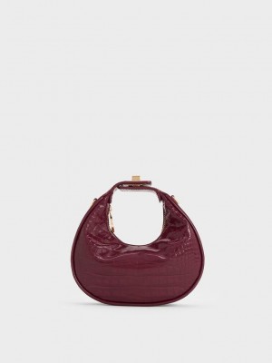 Charles & Keith Mini Croc-Effect Moon Bag Bordo | UIHK-19274