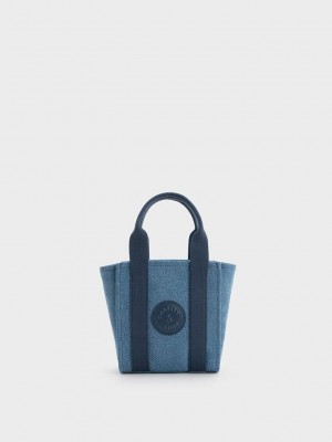Charles & Keith Mini Kay Denim Contrast-Trim Tote Bag Mavi | DTXI-02581