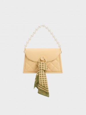 Charles & Keith Mini Roza Beaded Handle Scarf Bag Bej Rengi | OMCG-10562