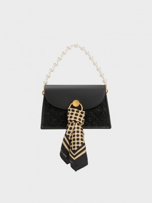 Charles & Keith Mini Roza Beaded Handle Scarf Bag Siyah | AWVK-25381