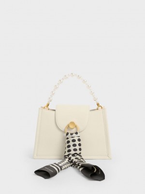 Charles & Keith Mini Roza Beaded Handle Scarf Bag Krema | XDPM-75386