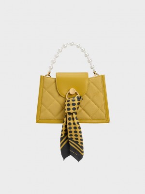 Charles & Keith Mini Roza Beaded Handle Scarf Bag Hardal Sarısı | TQUK-58631