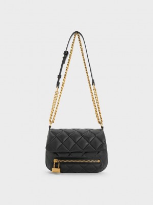 Charles & Keith Mini Swing Kapitone Chain-Handle Bag Siyah | ETIH-71456
