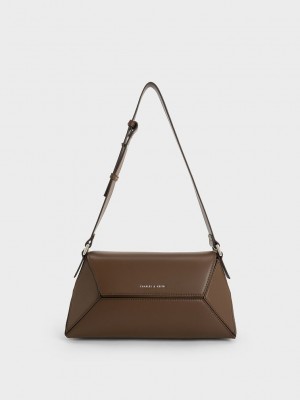 Charles & Keith Nasrin Geometric Shoulder Bag Koyu Kahverengi | POWZ-93270