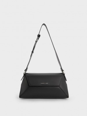 Charles & Keith Nasrin Geometric Shoulder Bag Siyah | XRUK-09781