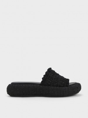 Charles & Keith Nuala Ruched Flatforms Siyah | INHE-09286