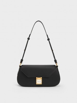 Charles & Keith Oona Curved Shoulder Bag Siyah | SQAX-92547