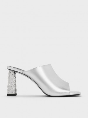 Charles & Keith Open Burunlu Kapitone Heel Mules Gümüş | YHXT-68420