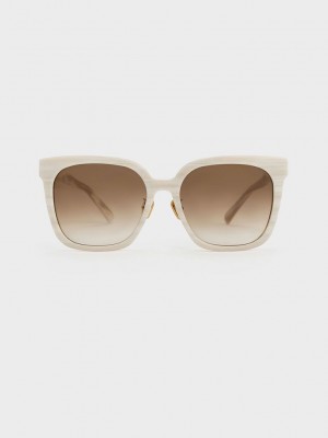 Charles & Keith Open Wire Square Acetate Sunglasses Krema | MBXZ-46129