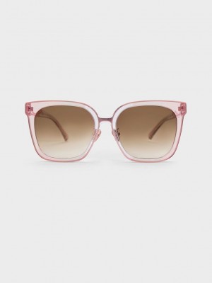 Charles & Keith Open Wire Square Acetate Sunglasses Pembe | RHOI-42651