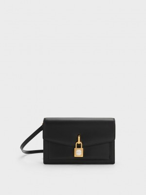 Charles & Keith Padlock Envelope Crossbody Bag Siyah | OSEF-51786