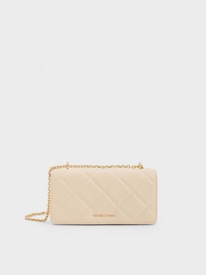 Charles & Keith Paffuto Chain Handle Kapitone Long Wallet Bej Rengi | DWUJ-10482
